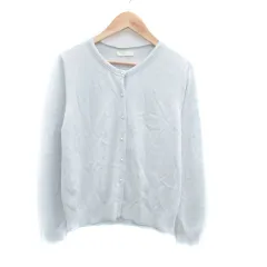 ビス ViS ニットカーディガン ラウンドネック ミドル丈 フェイクパール M 水色 ライトブルー /HO33