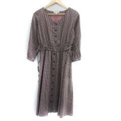 プロポーション ボディドレッシング PROPORTION BODY DRESSING ワンピース ロング丈 七分袖 Vネック チェック柄 リボン 3 マルチカラー ボルドー 黒 ブラック /SM7