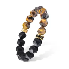 新品 [AWNL] オニキスタイガーアイブレスレット男性用スターリングシルバーセンターチャームメンズビーズブレスレット天然宝石 (10mmストーン) 16-17cm