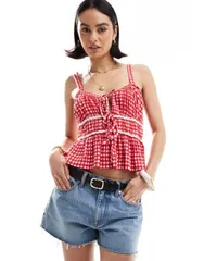 エイソス レディース トップス Tシャツ ギンガムチェック ギンガム ASOS DESIGN milkmaid top in gingham with ricrac trims RED レッド