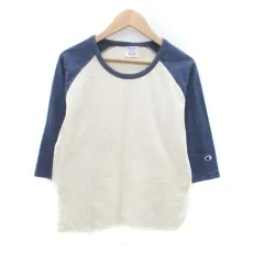 チャンピオン CHAMPION Tシャツ カットソー ラウンドネック 七分袖 M オフホワイト 紺 ネイビー /HO30