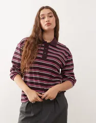モンキ レディース トップス Tシャツ ポロシャツ Monki long sleeve oversized rugby polo shirt and plum stripes Burgundy stripe バーガンディ