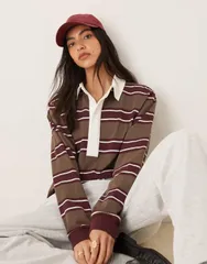 エイソス レディース トップス Tシャツ ASOS DESIGN oversized rugby shirt stripe Khaki stripe カーキ