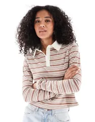 デイジーストリート レディース トップス Tシャツ スリムフィット Daisy Street slim fit long sleeve rugby top and ecru stripe BROWN ECRU STRIPE エクリュ