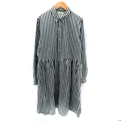 ビームスボーイ BEAMS BOY シャツワンピース ミモレ丈 長袖 ストライプ柄 麻 リネン混 黒 ブラック 白 ホワイト /SM16