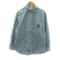 ニコアンド Niko and.. カジュアルシャツ 長袖 ストライプ柄 刺繍 M 緑 グリーン 白 ホワイト /SM16