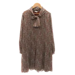 アンデミュウ Andemiu ワンピース ひざ丈 長袖 スリットネック リボン 総柄 F マルチカラー ブラウン /YK33 