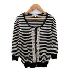 グローブ grove カーディガン ミドル丈 七分袖 ラウンドネック ボーダー柄 S アイボリー 紺 ネイビー /SY42