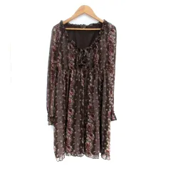 レストローズ L'EST ROSE ワンピース ラウンドネック 長袖 ミニ丈 花柄 MT M マルチカラー ダークブラウン /HO1