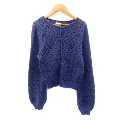 メリージェニー merry jenny ニットカーディガン ミドル丈 ラウンドネック 透かし編み 花モチーフ F 紫 パープル /SY26