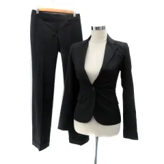 エムプルミエ M-Premier スーツ セットアップ 上下 テーラードジャケット シングル ミドル丈 スラックスパンツ ロング丈 ロールアップ ストライプ柄 34 XS 黒 ブラック /HO2