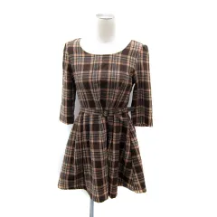 ダズリン dazzlin ワンピース ミニ丈 七分袖 ラウンドネック チェック柄 マルチカラー ベルト付き ウール混 M 茶 ブラウン /SY6