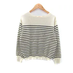 グローブ grove ニット カットソー 長袖 ラウンドネック ボーダー柄 S オフホワイト 黒 ブラック /SY39