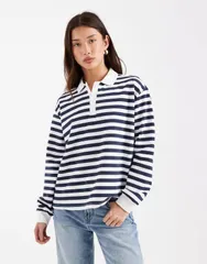 ブレーブソウル レディース トップス Tシャツ Brave Soulong sleeve rugby top and white stripes NAVY ネイビー