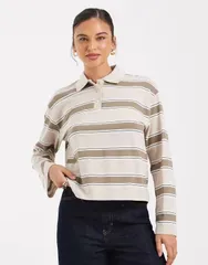 ヴェロモーダ レディース トップス Tシャツ ポロシャツ プリント Vero Moda rugby polo in oatmeal and khaki stripe print Oatmeal Mira オートミール