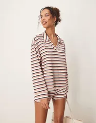 エイソス レディース トップス Tシャツ ASOS DESIGN long sleeve rugby collar top stripe part of a set Pink Stripe ピンク