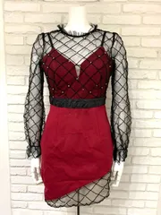 651 ROBE de FLEURS Glossy ローブドフルールグロッシー キャバクラ ドレス ミニ ラインストーン シースルー リボン タイト キャバドレス L