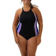 Dolfin Women's Aquashape High Neck Moderate One-Piece Swimsuit with Crisscrossstraps, Black/Purple