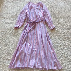 ヌキテパ ne Quittez pas コットンストライプ ロングシャツワンピース  ピンク ウエストリボン ギャザー インド綿