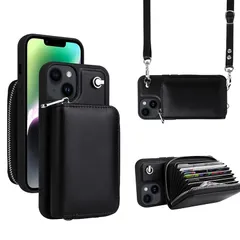 【新品】 いphone14 ケース ショルダー, 財布型 iphone14 ケース ショルダー付き 大容量 カード収納, 長さ調整可能 肩掛け 斜めかけ, アイフォン14 ケース 背面収納 ストラップ 手帳型, ストラップ付き (黒, 14) 0