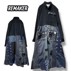 着物藍染×黒猫×デニム再構築｜着物リメイク ワンピース｜L～LL