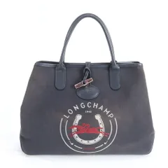 美品 ロンシャン ロゾ 刺繍 レザー キャンバス トート バッグ 肩掛け ショルダー 通勤 本革 ネイビー 紺 レディース RWM DN38-8【中古】