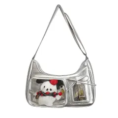 [Liebendo] 痛バッグ 痛バ ショルダーバッグ 推し活 ショルダーバック 横長 ホーボーバッグ リボン Y2K 肩掛け 痛バック 可愛い 推し活 グッズ ぬいぐるみ 鞄 人気 おしゃれ かわいい 可愛い (シルバー) [シルバー]