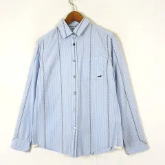 クロコダイル CROCODILE シャツ ブラウス 配色 ステッチ ストライプ ロゴ 刺繍 コットン 長袖 M ライトブルー 白 ホワイト マルチカラー