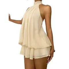 [AQUA Marine] レディース ミニワンピース ホルターネック シフォン 軽やかフレア ドレス きれいめデザイン Aライン かわいい SNS映え スタイルアップ デート 旅行 リゾート (JP, アルファベット,  [ライトベージュ] [L] [標準]