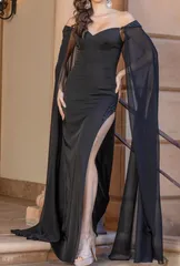 インポートブランドオフショルダーブラックトレーンロングドレスXSのサムネイル
