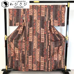 小紋 型染 縦縞に寄せ柄 花柄模様 縮緬 灰紫色 K-5150