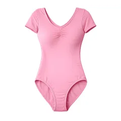 バレエ レオタード 大人 ジュニア 綿混 女性 半袖 袖あり Vネック コットン パッド差込可 裏生地付 大きいサイズ 伸縮 シンプル レッスン用 ダンス 無地 黒 va1