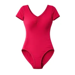 バレエ レオタード 大人 ジュニア 綿混 女性 半袖 袖あり Vネック コットン パッド差込可 裏生地付 大きいサイズ 伸縮 シンプル レッスン用 ダンス 無地 黒 va1