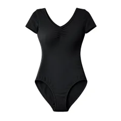 バレエ レオタード 大人 ジュニア 綿混 女性 半袖 袖あり Vネック コットン パッド差込可 裏生地付 大きいサイズ 伸縮 シンプル レッスン用 ダンス 無地 黒 va1