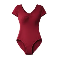 バレエ レオタード 大人 ジュニア 綿混 女性 半袖 袖あり Vネック コットン パッド差込可 裏生地付 大きいサイズ 伸縮 シンプル レッスン用 ダンス 無地 黒 va1