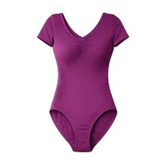 バレエ レオタード 大人 ジュニア 綿混 女性 半袖 袖あり Vネック コットン パッド差込可 裏生地付 大きいサイズ 伸縮 シンプル レッスン用 ダンス 無地 黒 va1
