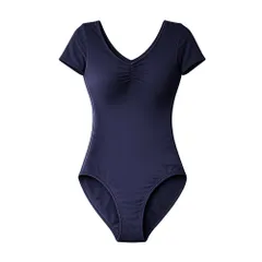 バレエ レオタード 大人 ジュニア 綿混 女性 半袖 袖あり Vネック コットン パッド差込可 裏生地付 大きいサイズ 伸縮 シンプル レッスン用 ダンス 無地 黒 va1