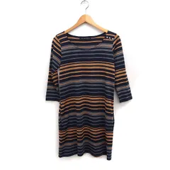 グリーンレーベルリラクシング ユナイテッドアローズ green label relaxing ニット ワンピース ボーダー 七分袖 ひざ丈 ハイゲージ ウール ネイビー 紺 グレー 灰 /FT22