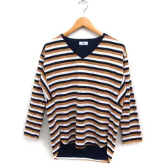 ロデオクラウンズワイドボウル RODEO CROWNS WIDE BOWL RCWB ボーダー Vネック カットソー Tシャツ 長袖 ラウンドヘム コットン 綿 F キャメル 茶 ネイビー 紺 /FT21