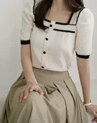 バイカラースクエアネック半袖ニットカーディガン (Starship Square スタシ、1回着用)