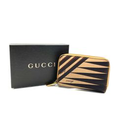 GUCCI 구찌 동전 지갑 동전 케이스 키 홀더 지퍼 어라운드 기하학적 스트라이프 무늬 타이거 스타일 아트 그래픽 캔버스 × 가죽 브라운 계 골드 쇠장식 이탈리아제 각인 있음 상자 포함 유니섹스