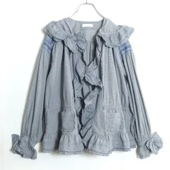 【美品】ピンクハウス★フリルたっぷり♪ギンガムフーディブラウス はおりもの 紺系 サテンリボン♪刺繍&リボン♪z17953