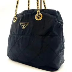【良品】PRADA プラダ 三角プレート チェーン ショルダーバッグ トート ゴールド金具 ナイロン ブラック 黒