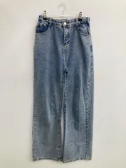 デニムパンツ 26 ブルー フルレングス 無地 ワイド・ルーズ ストレート ハイウエスト ヴィンテージ ウエストゴム・紐