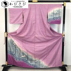 結城紬 訪問着 奥順 証紙付 手描き花模様 トールサイズ しつけ糸 K 