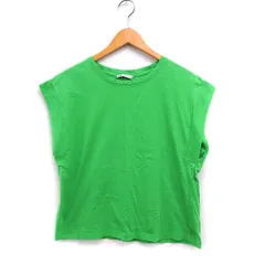 ザラ ZARA フレンチスリーブ Tシャツ カットソー 丸首 切替 無地 コットン 綿 M ネオングリーン 緑 /FT27