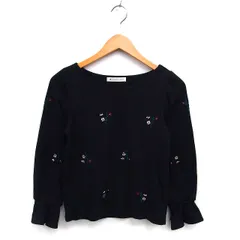 マジェスティックレゴン MAJESTIC LEGON リブ カットソー Vネック 刺繍 花柄 クロップド ビーズ装飾 コットン混 長袖 M 黒 ブラック /NT34