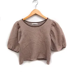 レトロガール RETRO GIRL バルーン袖 ボーダー カットソー Tシャツ クロップド丈 コットン 綿 F ブラウン 茶 /FT23