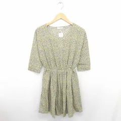 インデックス INDEX タグ付き ワンピース ひざ丈 フレア 総柄 薄手 七分袖 M グレー イエロー /TT