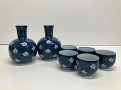 有田焼 深川製磁 染付花鳥外濃 酒器揃 徳利 お猪口4客 木蓮 小鳥紋様
